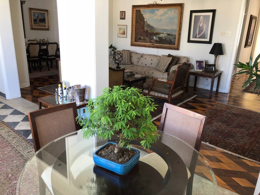 View from small table into living room downstairs.