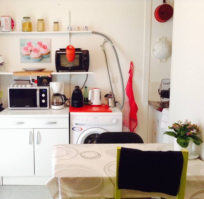 La machine à laver se branche à l'évier, système d mais très pratique il y aura un de quoi étendre le linge à votre disposition et deux plaque à induction et un frigo :) le four également