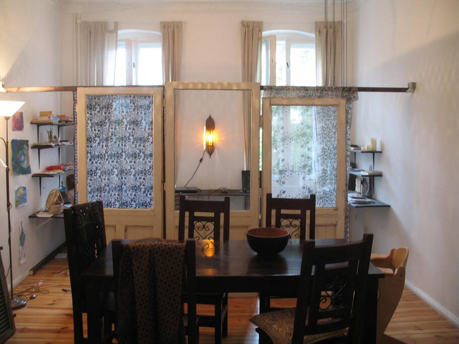 dining room with office space behind