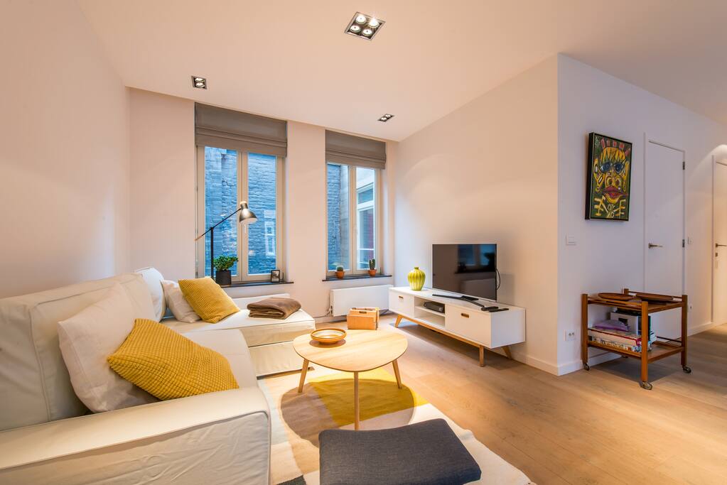Living room with 2p sofa bed, cable tv & blu ray player.