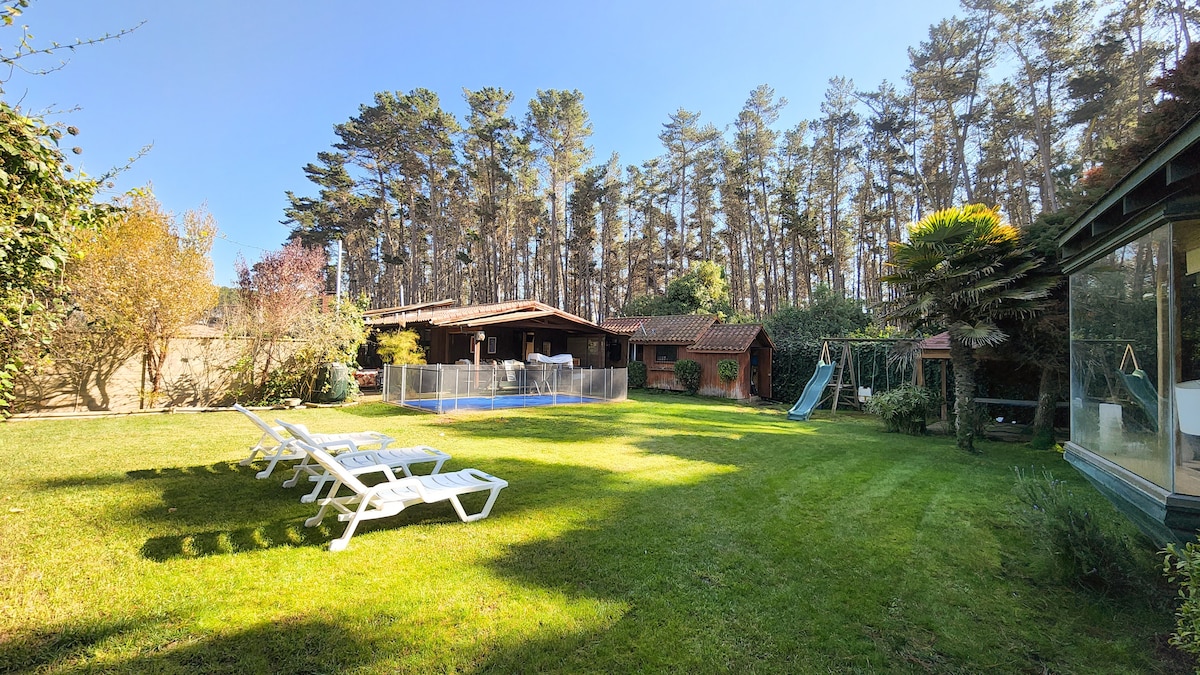 A spacious garden features a manicured lawn surrounded by tall trees. In the center, a pool is visible beside white lounge chairs. A slide and swing set can be seen, along with a few outdoor trees, creating a serene outdoor space.
