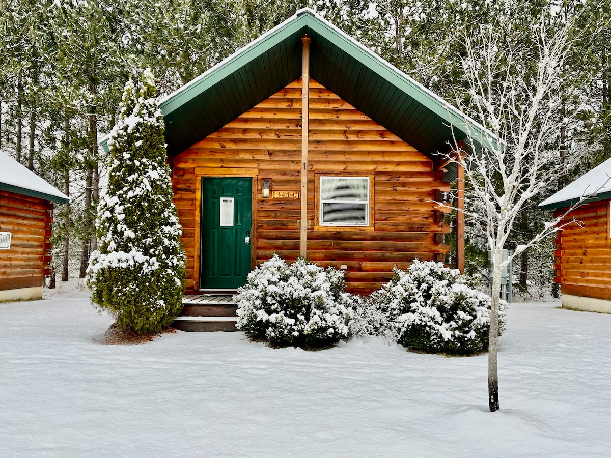 A charming wood cabin, featuring a green front door, is surrounded by a blanket of fresh snow. Evergreen trees are visible in the background, along with neatly trimmed shrubs at the base of the building. The pathway to the entrance is partially cleared, inviting guests inside.