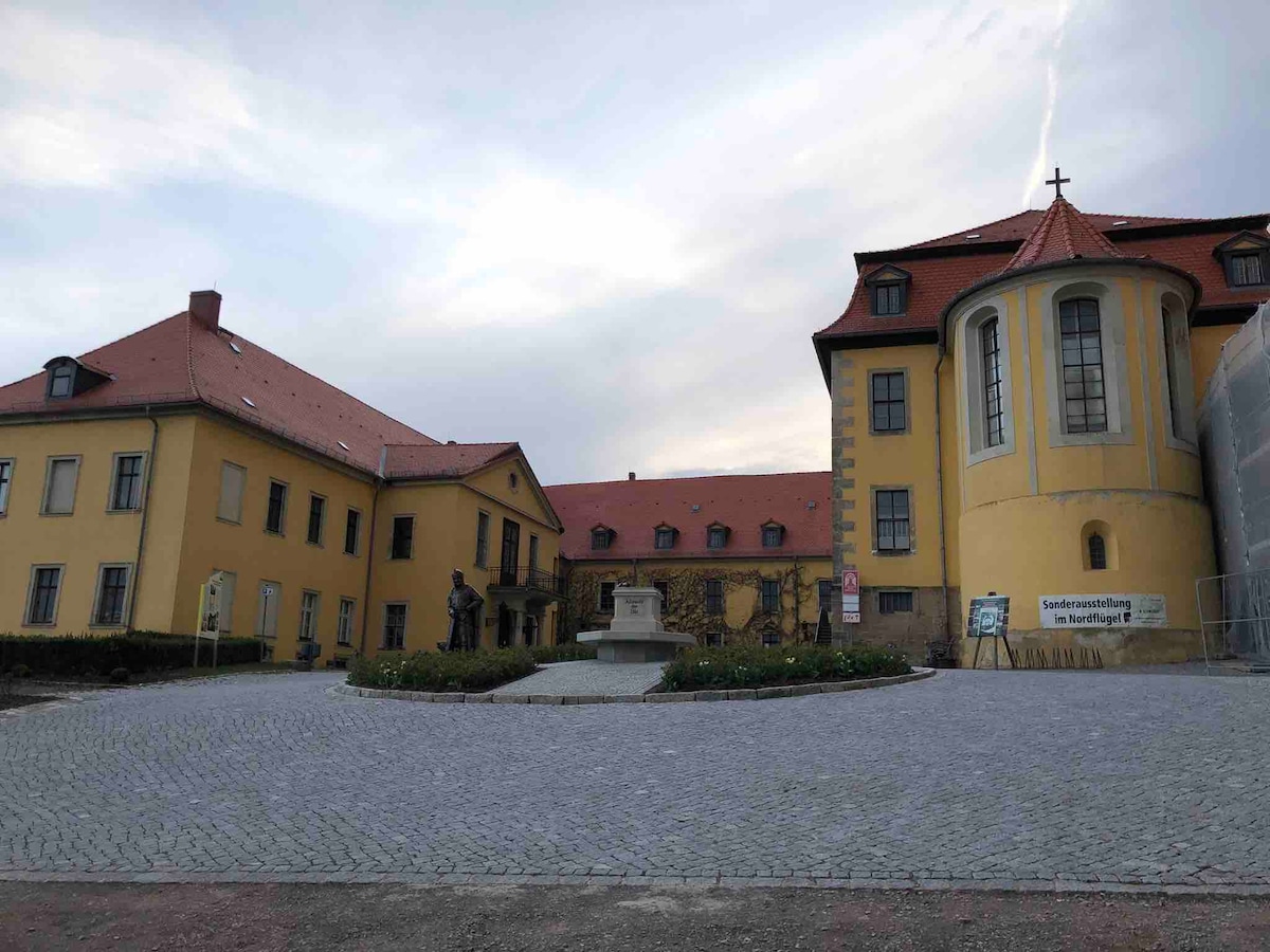 A historic yellow building features a prominent tower and red-tiled roofs. Cobblestone pathways run in front of the structure, leading to a central fountain surrounded by flower beds. Scaffolding is visible on one side, indicating ongoing renovations.
