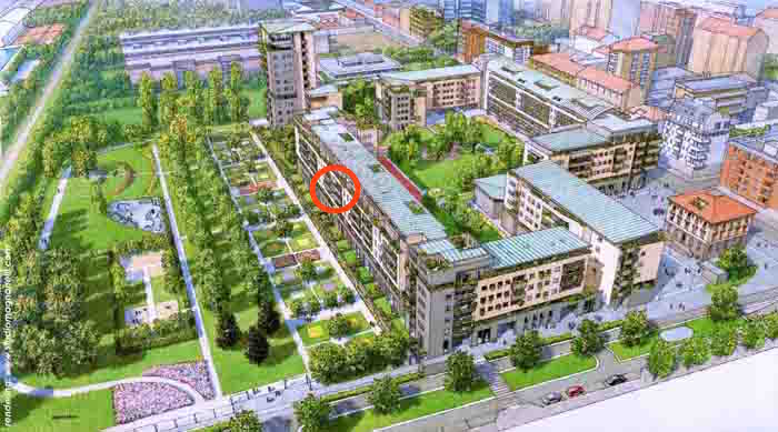 An aerial view showcases the surrounding area of the apartment complex, featuring green spaces, landscaped gardens, and nearby buildings. The highlighted section indicates the apartment's location in proximity to a newly built park, contributing to an overall serene environment.