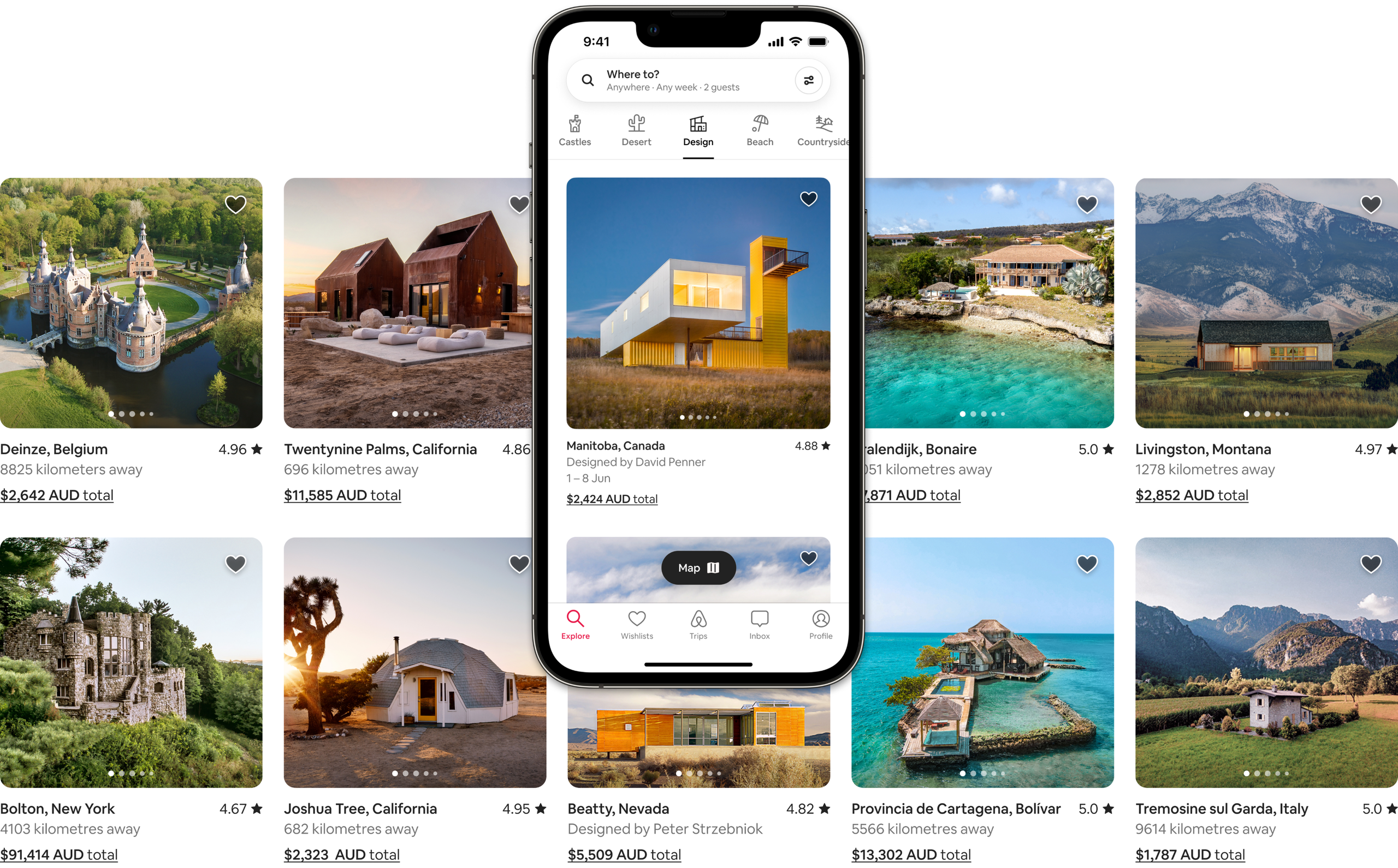 Two rows of beautiful listing photos show homes in Airbnb’s Castle, Desert, Design, Beach and Countryside categories. One of the listings is shown on a mobile phone screen, demonstrating how the listings would show up in the Airbnb app.