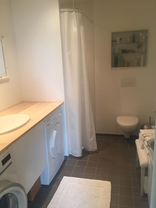 Modern bathroom with shower, washing machine and dryer