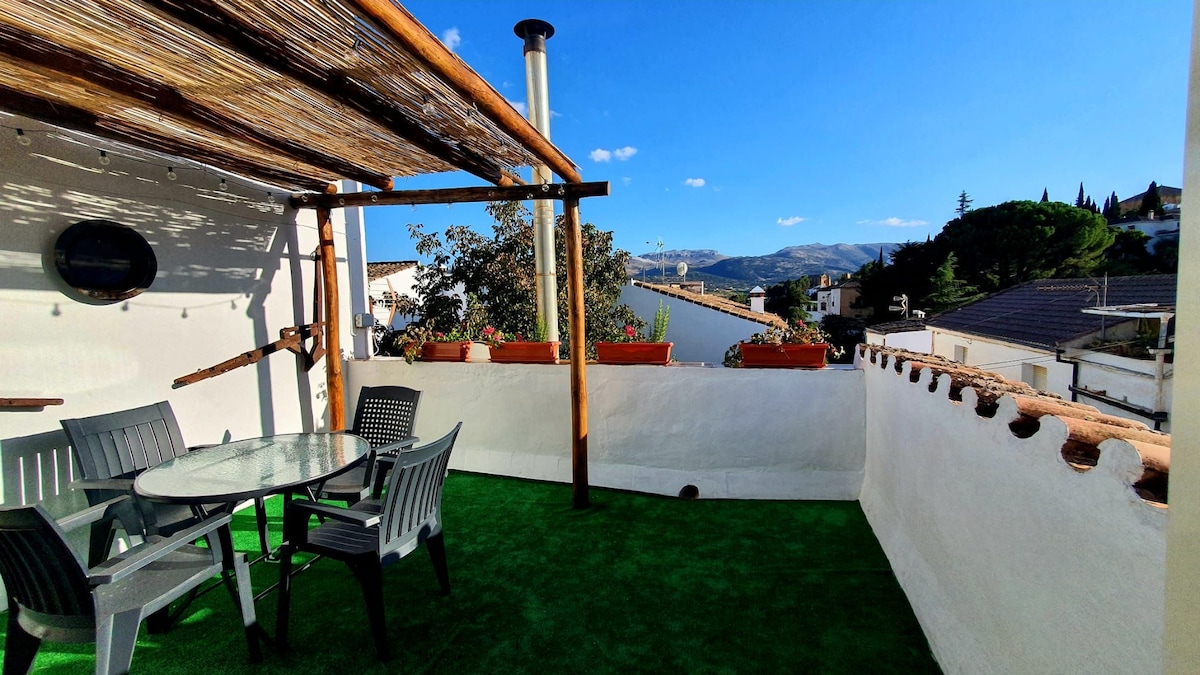 A terrace features a glass table surrounded by four chairs, all positioned on green carpeting. Planters with flowers line the perimeter, while a chimney and views of distant mountains and rooftops are visible against a clear blue sky.