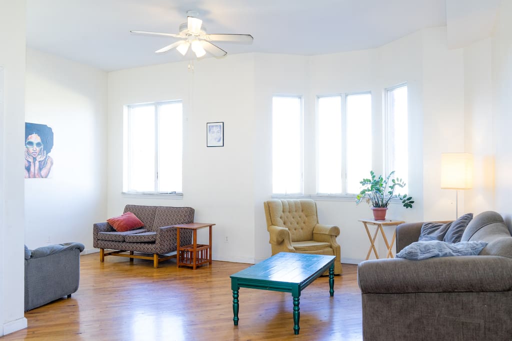 Well lit, large living room (with a view of the Empire State Building!).