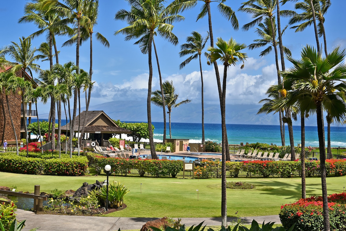 Lush tropical gardens and palm trees are visible alongside a well-manicured lawn. A blue ocean stretches into the distance under a partly cloudy sky. In the foreground, a swimming pool area features lounge chairs, while a community building can be seen to the left.