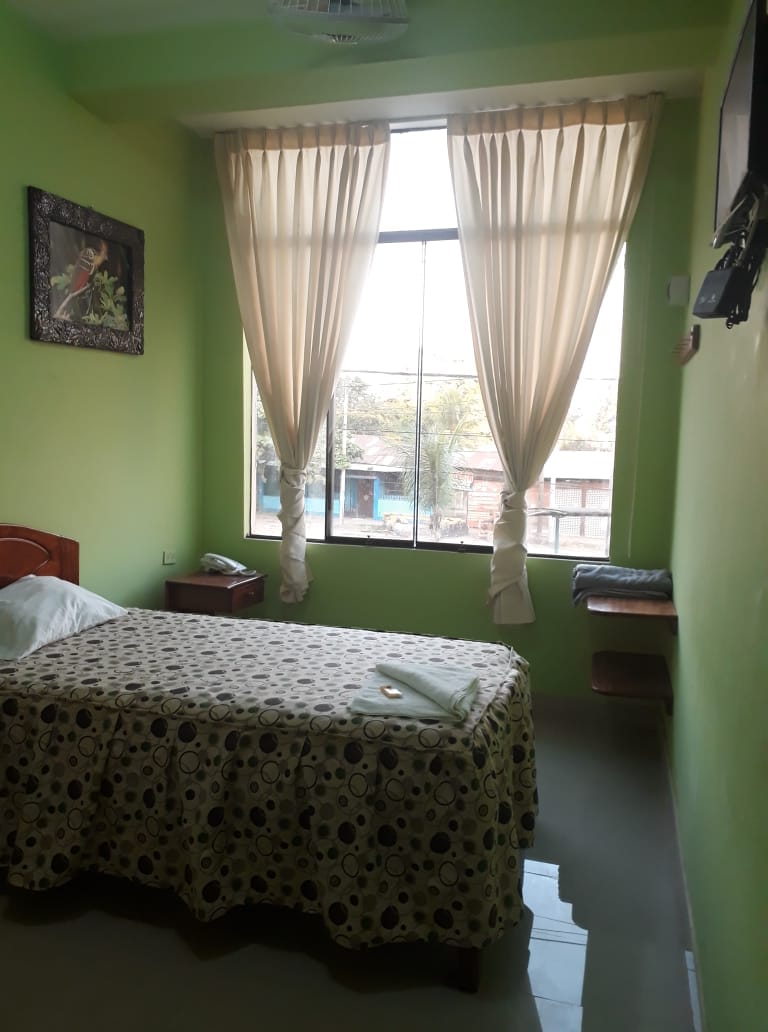 The room features green walls and a window with sheer curtains allowing natural light to fill the space. A neatly made bed with a patterned bedspread occupies the center, while a small bedside table and a wooden shelf are positioned nearby, contributing to the room's functionality.