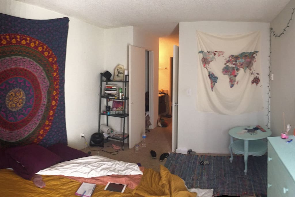 Taken by the window to have another view of the room. From afar you can see the private vanity and bathroom. Walk in closet in the bedroom as well.
