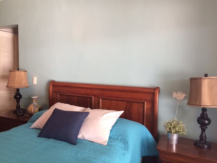 ห้องนอนใหญ่ขนาดควีนไซส์พร้อมตู้เสื้อผ้าแบบเดินเข้าได้และห้องน้ำพร้อมอ่างอาบน้ำ