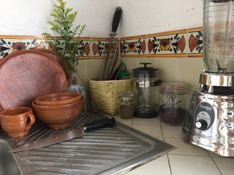 Kitchen is outfitted and stocked for delicious, healthy meals at home. Organic Coffee, panela (raw sugar) and Black Salt are provided for guests.