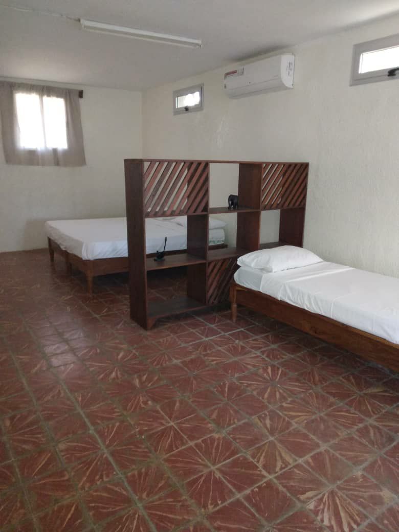 The room features two separate beds, each framed in natural wood. A partition with an artistic design creates a sense of privacy. The terracotta tile flooring enhances the spacious feel, while natural light enters through the two small windows with light curtains.