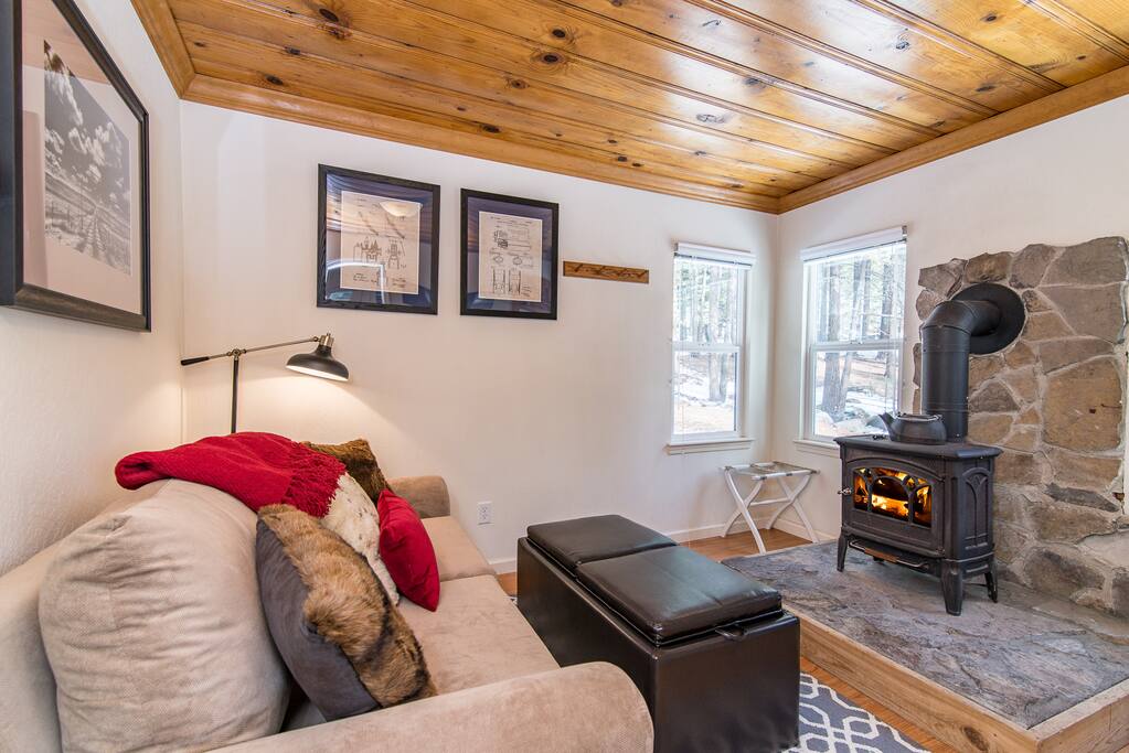 Stone and gas stove in the small and cozy living area