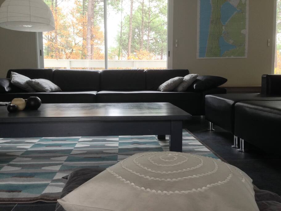 Coin salon TV, 2 canapés, poufs, Wifi