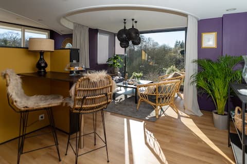 Panoramic view of the pond and spa