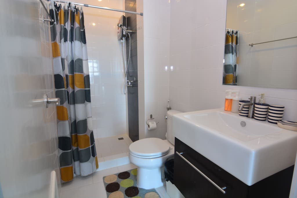 Bathroom with shower, shampoo, body wash, shower cap, cotton buds