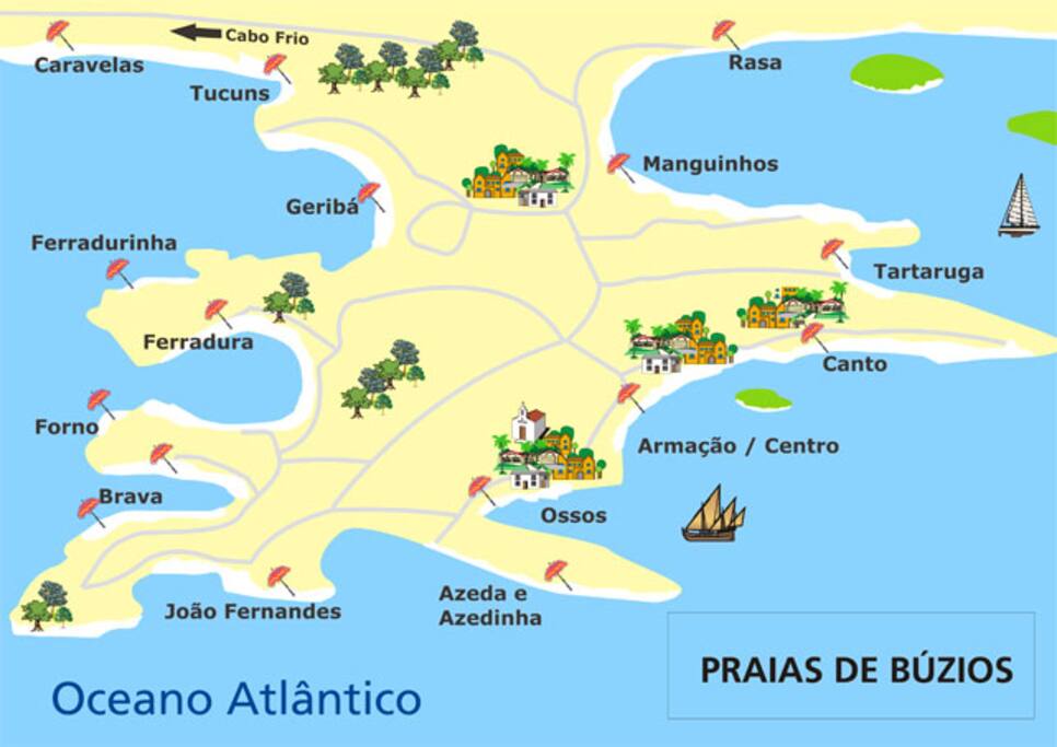 Mapa das principais praias do balneário de Búzios