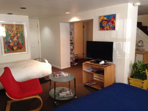Contemporary, private suite w fireplace