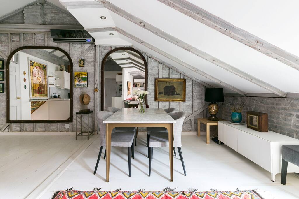 Spacious dining area with dimmable lights