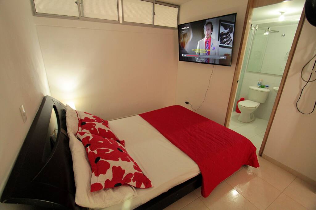 Habitación principal con baño privado, agua caliente y SMARTV de 55" con cuenta activa de NETFLIX, y TV Satelite para los invitados y espacio en el closet. Capacidad 2 Huespedes.