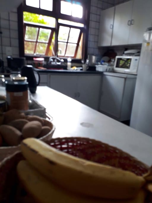 Cozinha com geladeira, microondas e toda equipada.