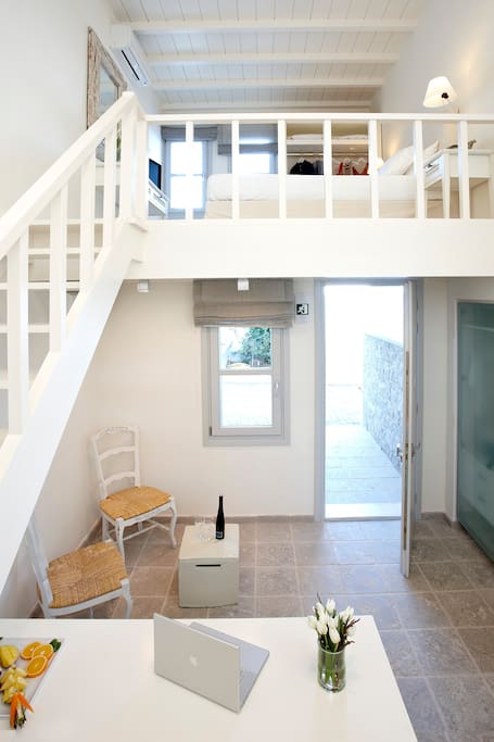 The main entrance and a cosy office space