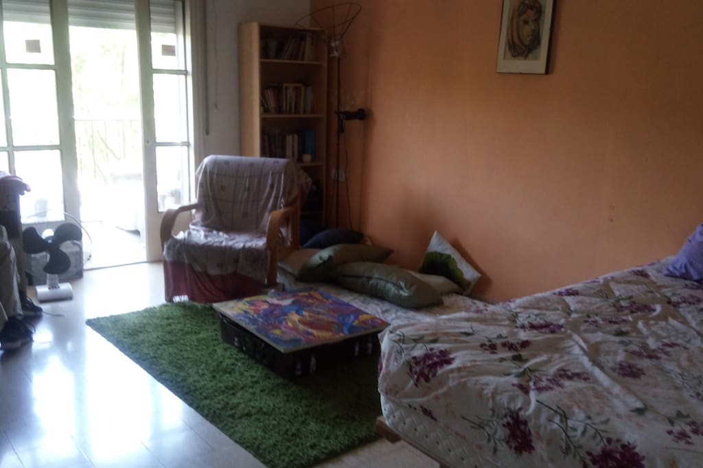A bedroom whit a living space and work area
