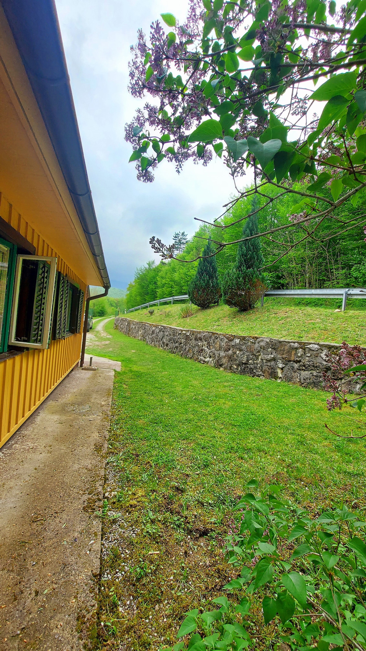 A path leads alongside a yellow house, bordered by lush greenery and a stone wall. Rolling hills and trees frame the background, creating a serene countryside setting. Lilac flowers add a touch of color to the scene, enhancing the natural beauty of the environment.
