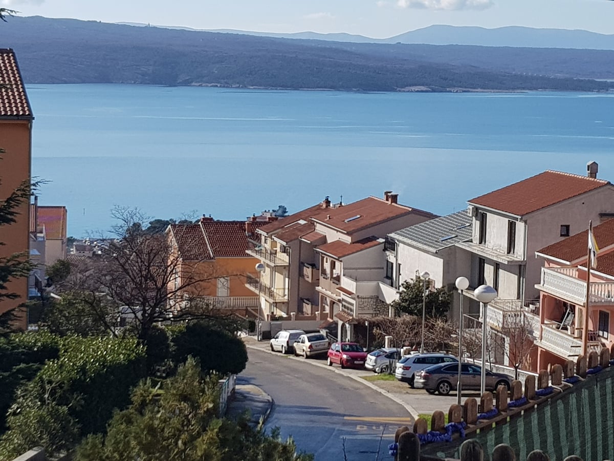 A view of the sea and distant mountains is captured from a quiet hillside street. Numerous residential buildings with orange and gray roofs line the road, while parked cars are visible along the street. Lush greenery frames the scene in the foreground.