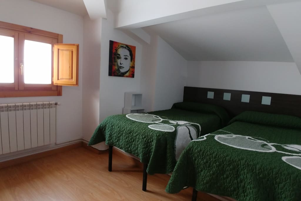 Habitación 1, con dos camas individuales y bien iluminada
