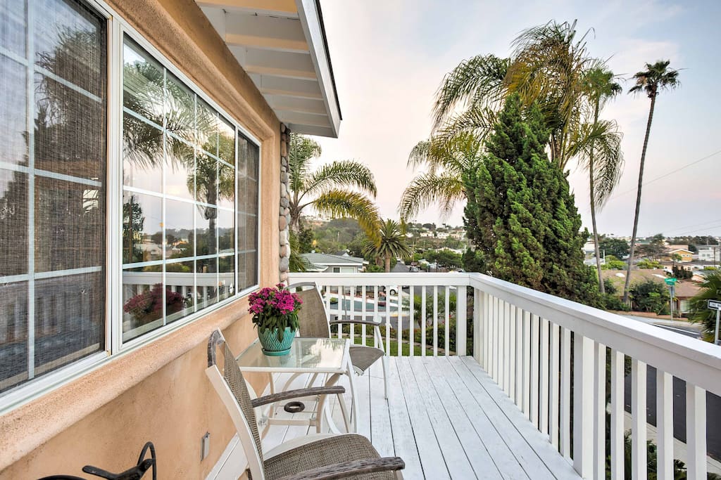 The second-floor balcony offers great views of the fireworks from nearby SeaWorld.