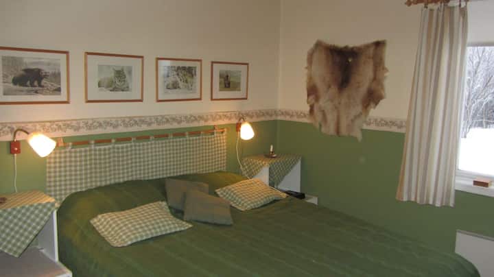 Ett sovrum med en dubbelsäng