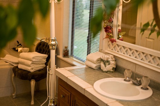 The bathroom features a counter with a sink positioned near a window adorned with horizontal blinds. A plush chair and neatly stacked towels are visible, while natural greenery provides a soft frame around the scene, enhancing the serene ambiance.