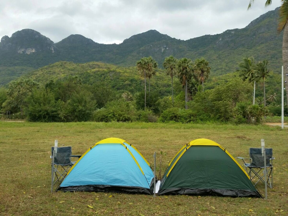 Two tents, one blue and one green, are positioned side by side on a grassy area. Lush greenery and palm trees are visible in the background, set against a backdrop of rolling mountains under a cloudy sky.