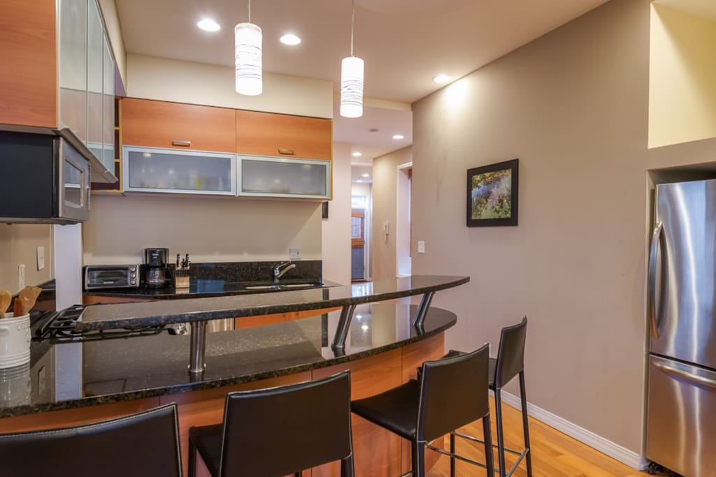 kitchen and bar area