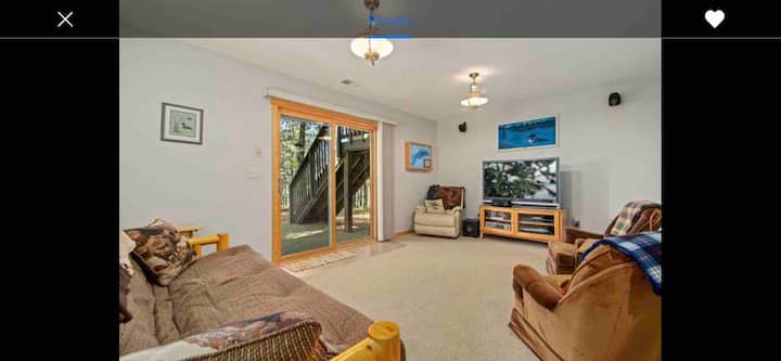 Basement living area. Walkout patio. Large TV with a futon.