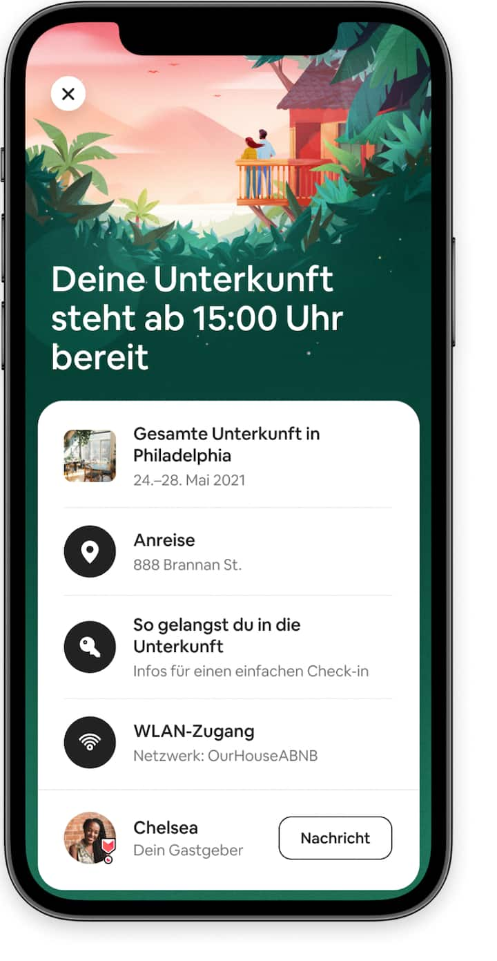 Informationen für Gäste in der Airbnb-App, darunter Einzelheiten zum Check-in und Angaben zu deiner Gastgeberin oder deinem Gastgeber