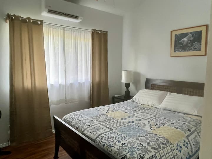 Guest bedroom with Queen sized bed and hardwood frame. AC, closet and reading lamp amongst other amenities