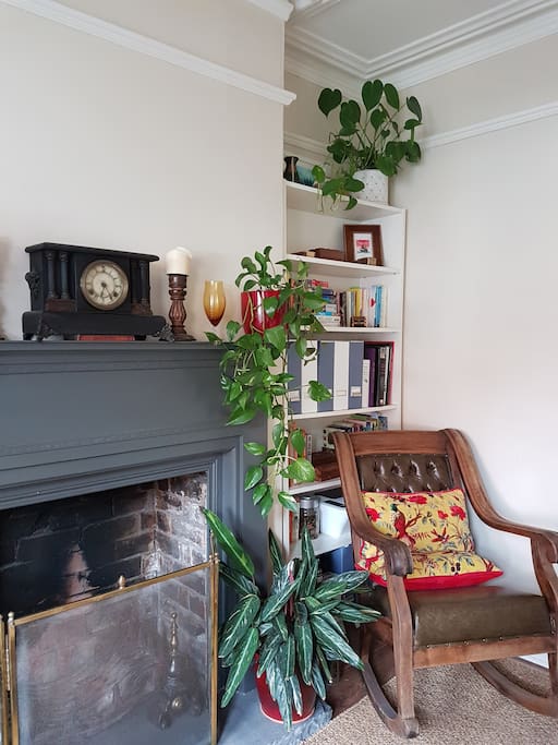 Living room and open fireplace