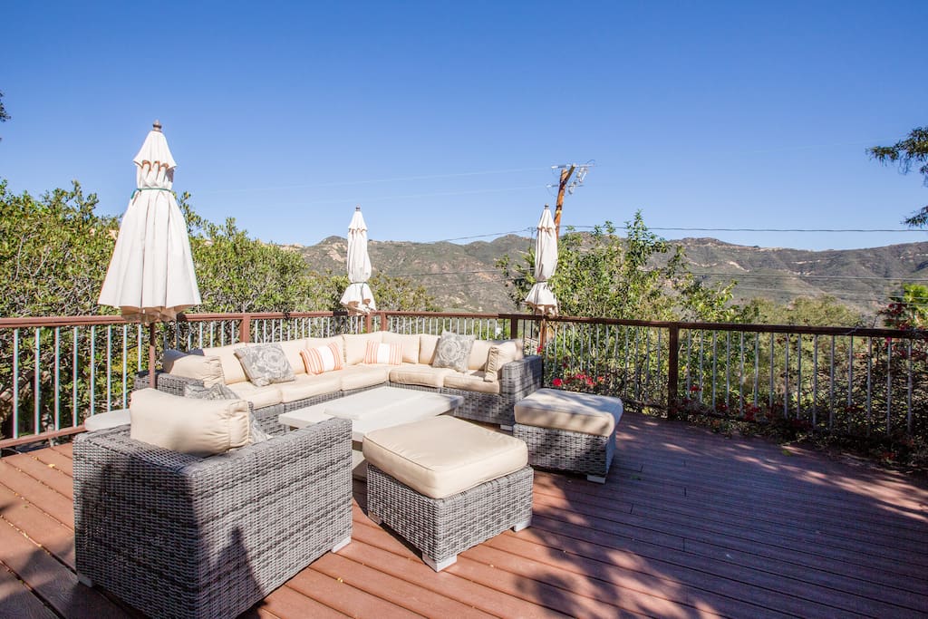 quiet and peaceful deck with mountain view and fire pit