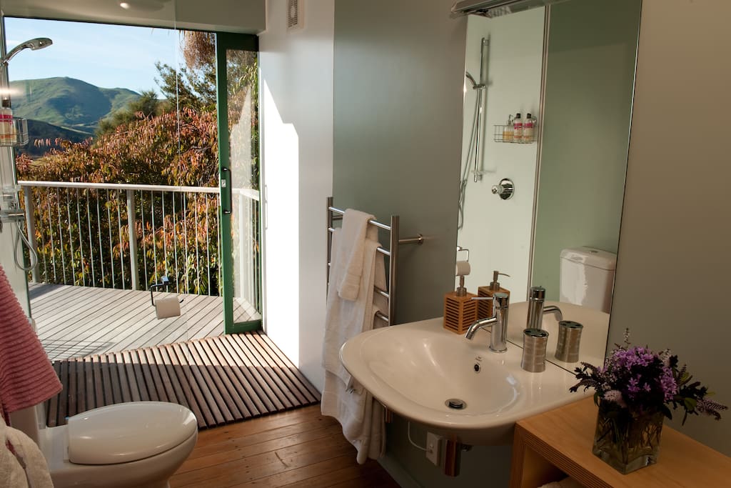 Bathroom with sliding door from shower on to the deck