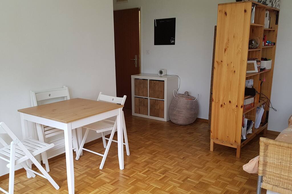 It is a studio, which means that the bed, the couch, the table and the entrance are all in one room. Only the kitchen and the bathroom are separate.