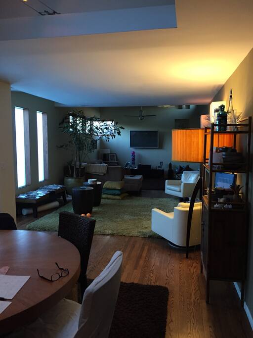 Living and dining room with skylights