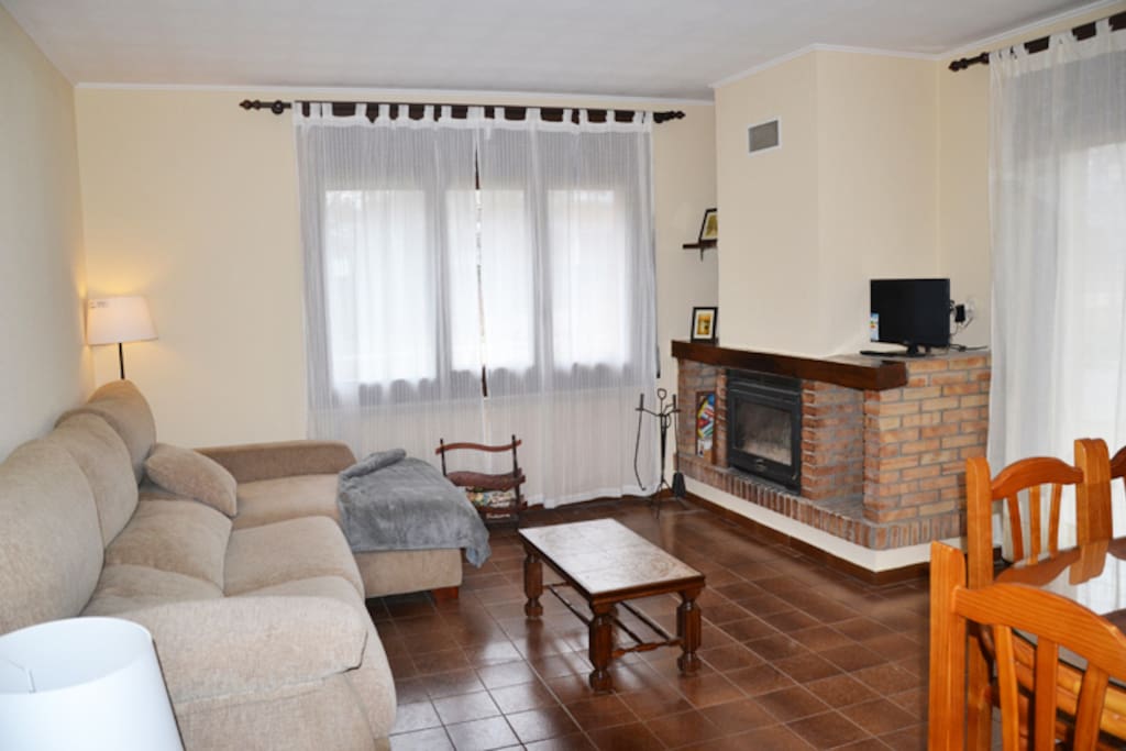 Salon con chimenea acceso al jardín