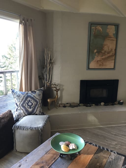 Cozy wood stove and feather pillows for relaxing