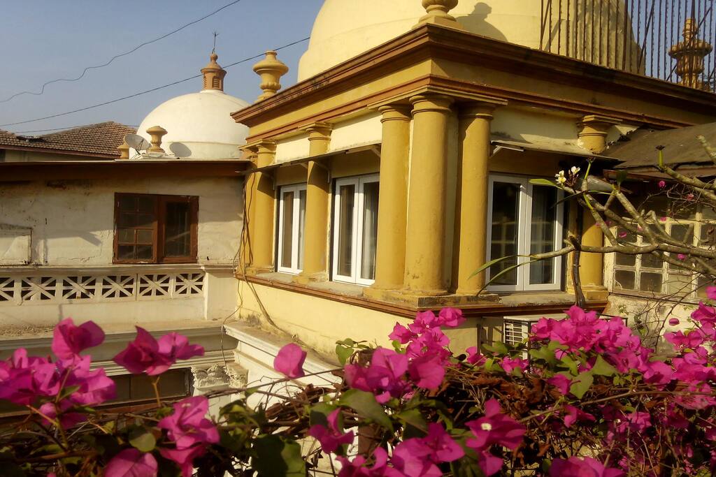 This shows the exterior of the tower room (surmounted by the yellow dome) from the terrace garden. The building in view is adjacent to the one we live in, but attached by a bridge.