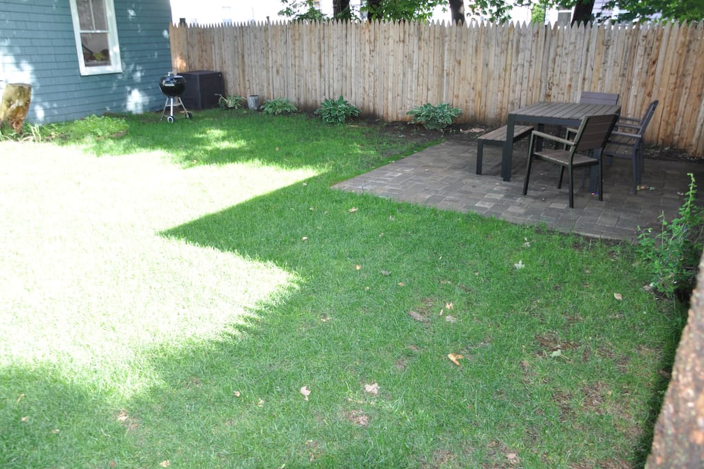 Back lawn, patio with dining table