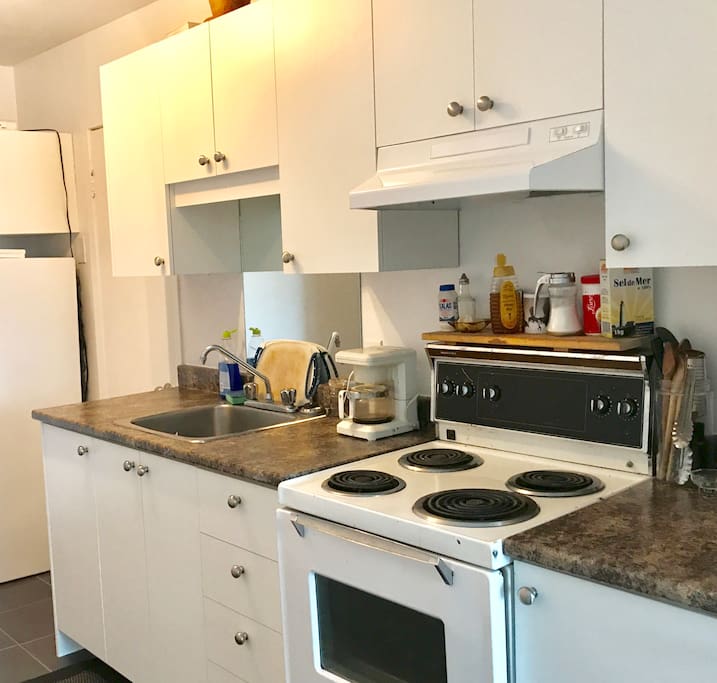 Small convenient kitchen. Oven/fridge/microwave/coffee machine.